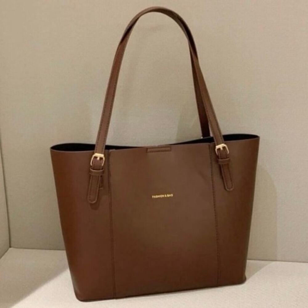 SHEIN Brown Faux Leather Tote Bag Minimalist Work Office Shoulder Purse